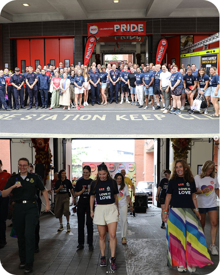 Pride celebration gathering at fire station with community march.
